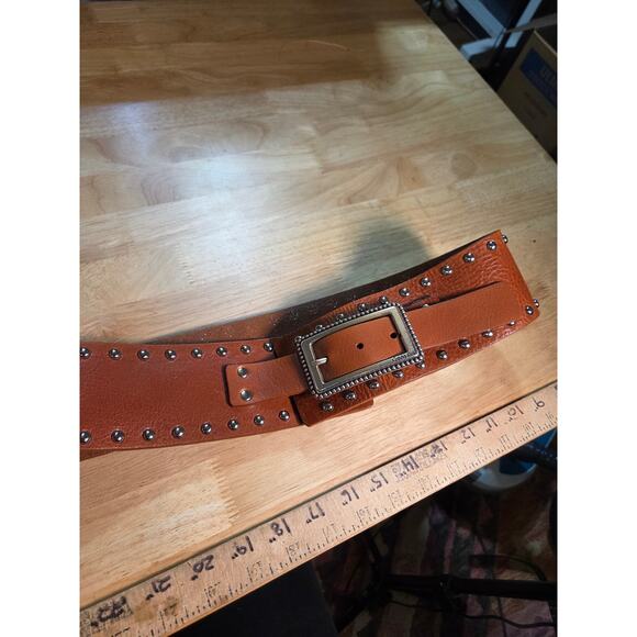 Calvin Klein Brown Genuine Leather Studded Belt Silver Toned Hardware 38" - Picture 3 of 9